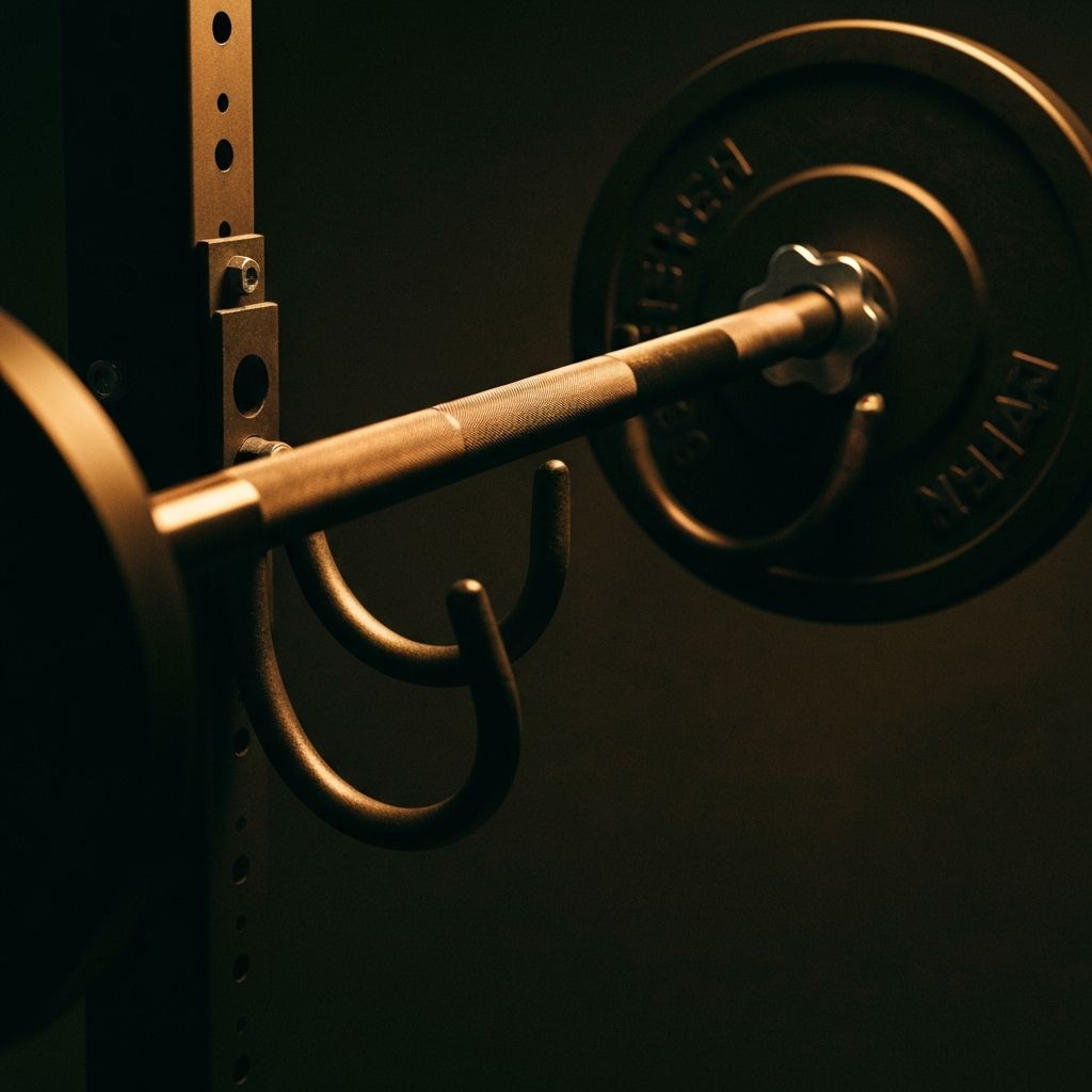 Matte black barbell resting on power rack, warmly lit