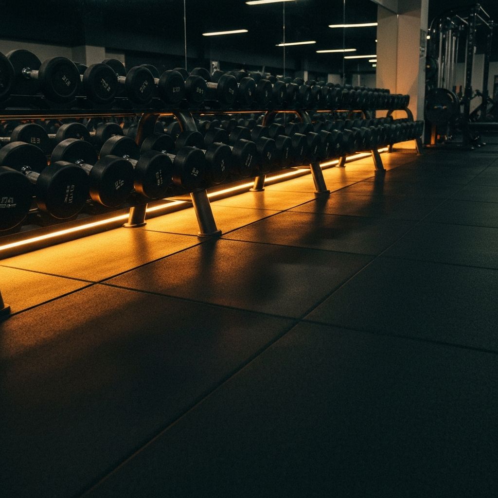 Row of black dumbbells in a dark gym interior