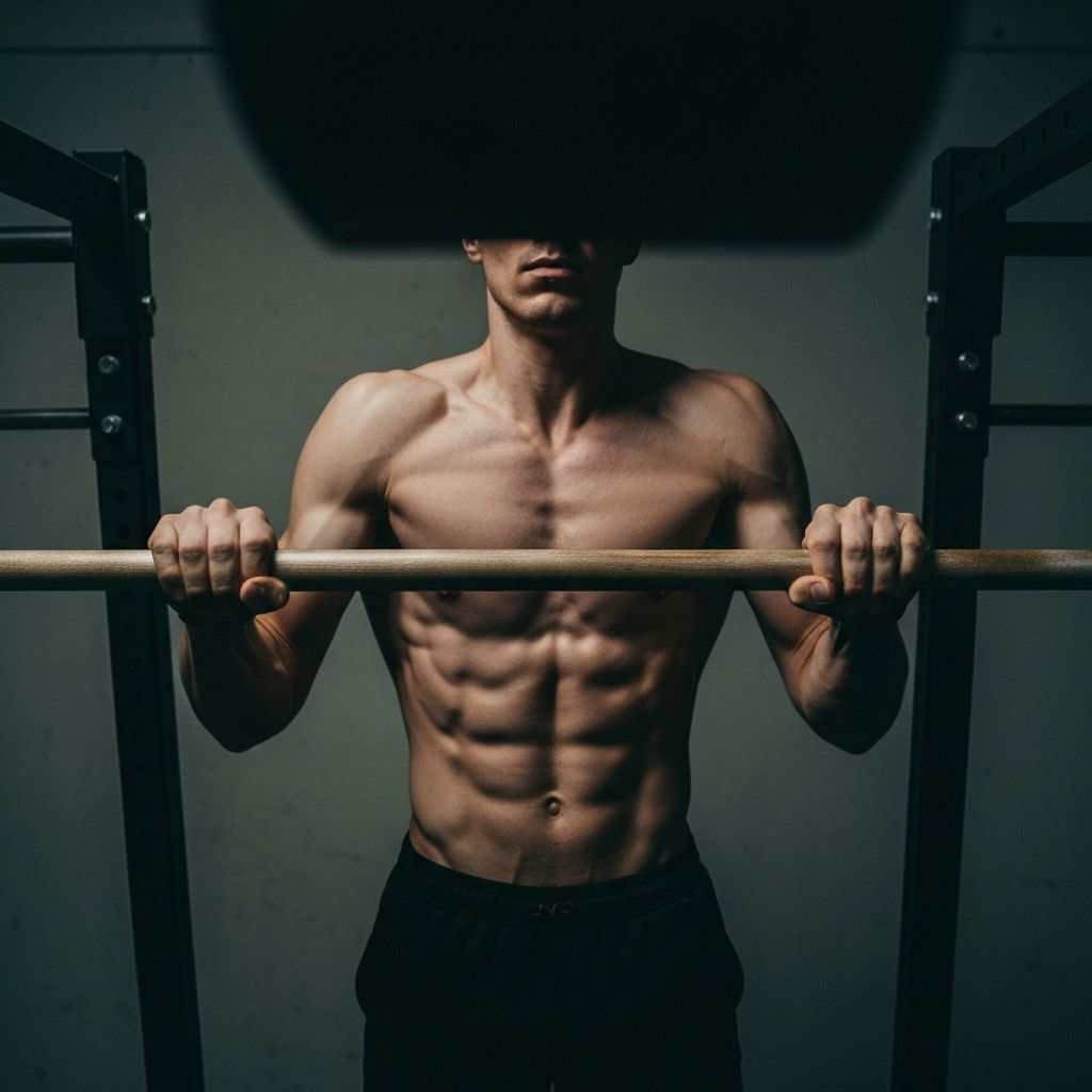 Detail of hands gripping a pull-up bar, dark gym