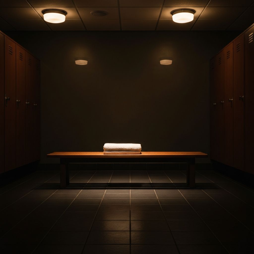 Gym locker room bench with folded towel, tungsten light